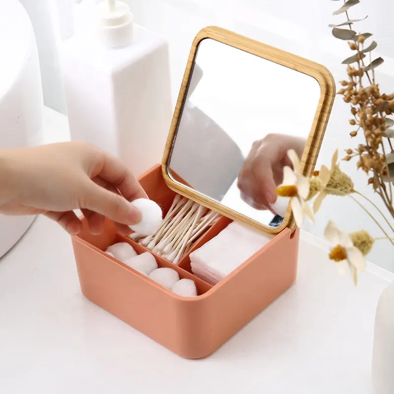 Creative House bamboo lid cosmetic organiser facial make up case storage box small plastic makeup organizer with mirror