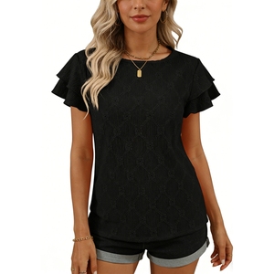 Blusa de mujer con bordado de ojales y mangas con volantes - Camisa de verano de cuello redondo y ajuste holgado a la moda - Product Image 6