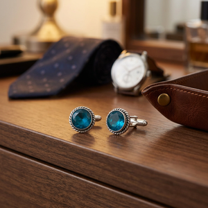 Boutons de manchette artisanaux en apatite bleue, sertis de pierres précieuses, en argent sterling 925 plaqué, pour hommes et femmes. - Product Image 1