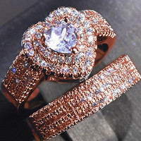 Ensemble de bagues CAOSHI, fabricant de luxe, plaqué argent, or rose, or véritable, avec zircon cubique taille cœur, ensemble de bagues de mariage pour femme