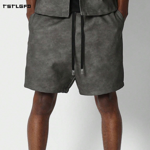 Cut And Sew Faux Suede Pu Set Boxy Fit <b>Distressed</b> Washed Oversized Streetwear Button Up Shirt Drawstring Shorts Set - Product Image 4