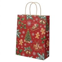 Sacs cadeaux de Noël rouges personnalisés en papier kraft avec poignées torsadées, imprimé rennes et sapins, vente en gros pour cadeaux de fêtes