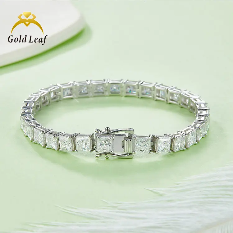 Gioielli foglia d'oro all'ingrosso D colore VVS Moissanite catena Tennis 5mm taglio principessa Mossanite 925 argento Moissanite bracciale Tennis