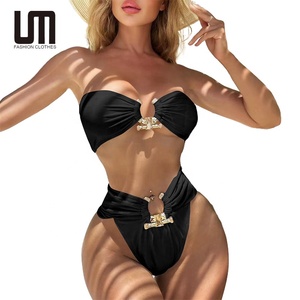 Baju Renang Wanita Model V-Neck Berlubang 2 Potong dengan Tali Serut dan Logo Kustom Liu Ming - Product Image 1