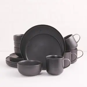 Custom Hotel Tableware Printed Ceramic Dinner Cups and Plate Black Matte Black Matte Deep Shallow Dish& Bowl& Coffee Mugs Saucer