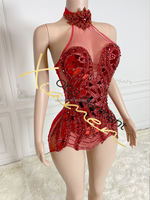 Ocstrade Glänzendes Rotes Mikro-Mini-Kristallnetz-Kleid Damen Geburtstag Sexy Spiegel-Pailletten Club Elegantes Knopf-Bodycon-Kleid für Frauen