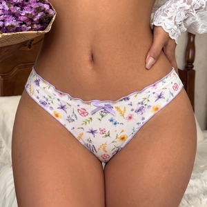 New Arrival Women's Breathable Panties Elasticity Ribbing Ruffle Small Floral Print Cute Bow Low Rise Breathable Panties - Product Image 1
