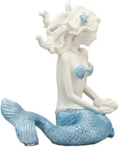 Nautical Ocean Goddess Pretty Mermaid with Blue Tail Holding Conch Shell Decorative Statue 8"Tall Coastal Marine