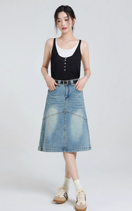 2026 Hong Kong Vintage Retro Modest Waist A-Line Bag Hip <strong>Skirt</strong> Ladies Small <strong>Man</strong> Crotch Cover Washed Denim <strong>for</strong> Spring Summer - Product Image 2