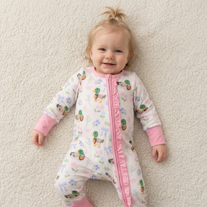 Combinaison imprimée canard pour bébés filles, manches longues, fermeture éclair, vêtements de nuit à volants pour nourrissons et tout-petits - Product Image 1
