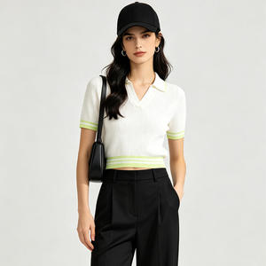 Custom Ribbed Knit V Neck Cropped <b>Polo</b> <b>Shirt</b> Contrast Stripe Short Sleeve Slim Fit Private Label Factory Bulk <b>Women</b> <b>Polo</b> <b>Shirt</b> - Product Image 1
