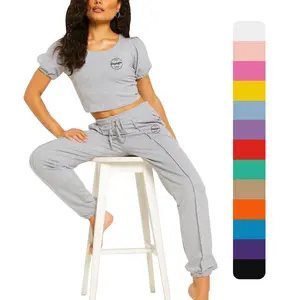 Pantaloni t-shirt tagliati di lusso con Logo personalizzato all'ingrosso semplice Set Regular Fit Patchwork String Set di due pezzi abbigliamento donna estate