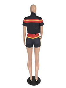 Ensemble sportif sexy 3 pièces Peeqi D10138 pour femme : veste à manches courtes color block + débardeur et short assortis, tenue décontractée au-dessus du genou - Product Image 6