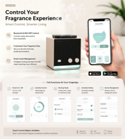 Diffuseur d'arômes intelligent OEM/ODM, contrôle par application Bluetooth et WiFi, double bouteille de parfum, lumière ambiante LED, fabricant B2B