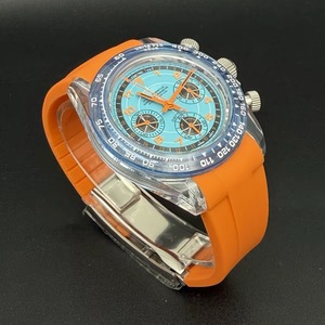 New 39mm <b>Men</b> Chronograph <b>Watch</b> Acrylic Case <b>Blue</b> Dial Orange Rubber Strap VK63 Movement - Product Image 2