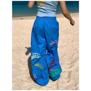 <span class=keywords><strong>Pantalon</strong></span> de survêtement décontracté d'été, style minimaliste américain, imprimé lettres, à cordon de serrage, coupe large, léger et amincissant - Product Image 2