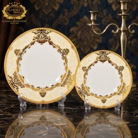 Lot de 2 assiettes de luxe en porcelaine fine (Bone China) avec bord doré pour mariage, hôtel, restaurant, vaisselle de table à domicile