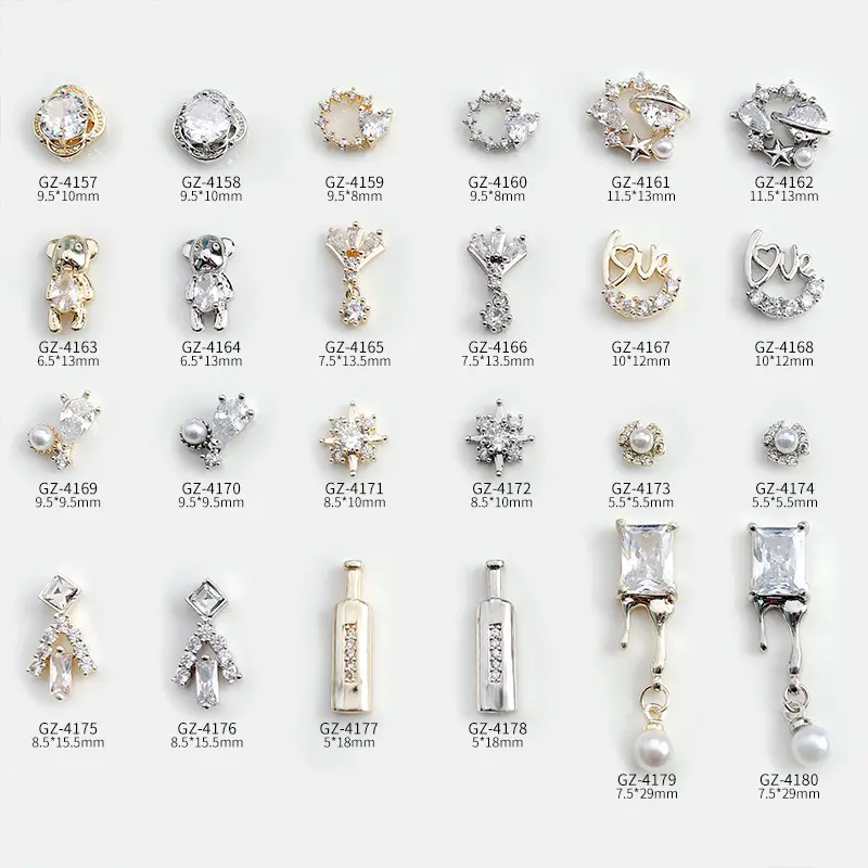 Goud Zilver Luxe Nail Art Rhinestone Decoratie Beer Bloem Diamanten Legering 3D Zirkoon Dangle Nail Art Charmes