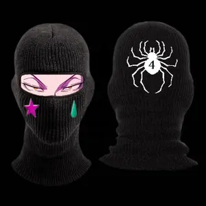 Custom Geborduurde Zwarte 1-Gat Masker 100% Acryl Gebreide Full Face Cover Designer Ski Masker