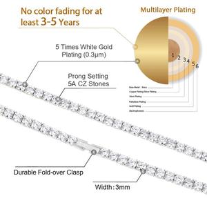 KRKC&amp;CO Hip Hop Jewelry Gifts 5A CZ Stones Iced Out Necklace 3MM White Gold Plated <strong>Mens</strong> ZIRCON <strong>Tennis</strong> <strong>Chain</strong> for Women <strong>Men</strong> - Product Image 2
