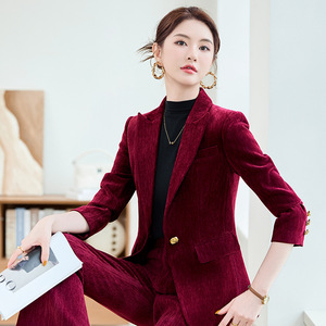 Women's Velvet Blazer Two-Piece Suit Set Black And Red Anti-Wrinkle Commute Professional Outfit - Product Image 4