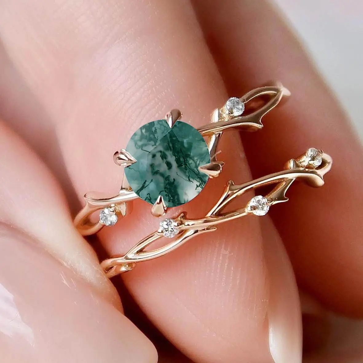 Leaf Shape 925 Sterling silver Center Stone Bridal Mossagate Engagement ring Moissanite Bridal Ring Gifts