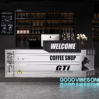 Comptoir de caisse de style conteneur maritime en forme de L, en métal ondulé, avec boîte à lumière LED pour café