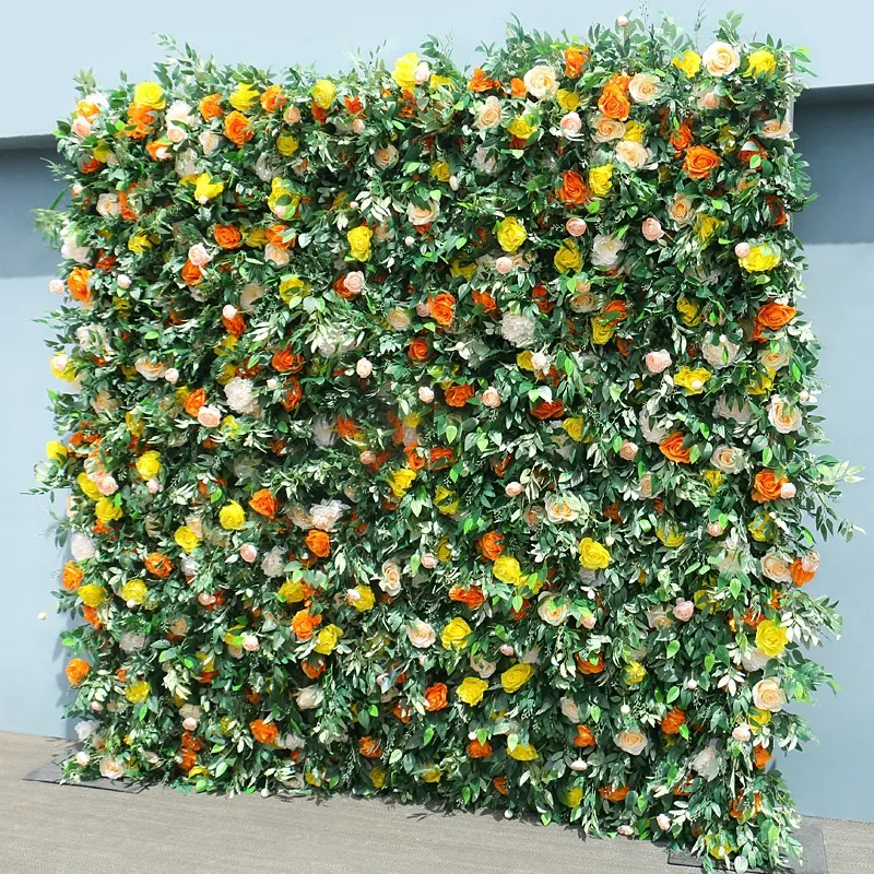 Hojas artificiales de flores para pared, accesorio de decoración de fondo de boda, enrollado, amarillo, naranja, Rosa, Verde