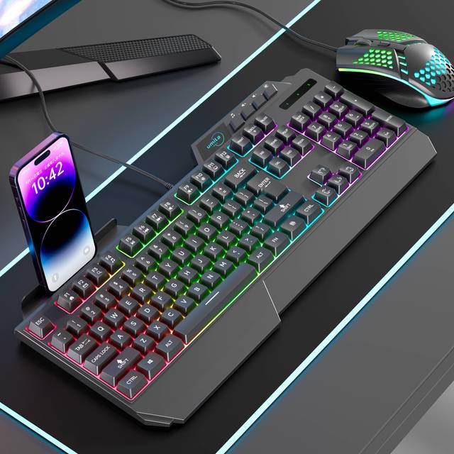 Hot Sale 104 RGB Backlit Wired Gaming Keyboard Mechanical Feel USB Interface Waterproof Computer Peripheral with Phone Holder