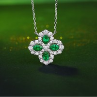 Kalung liontin semanggi empat daun berlapis emas 18K modis, perak S925 putih, batu permata zamrud laboratorium bersertifikat NGTC tanpa perlakuan