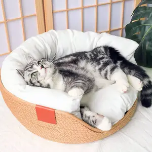 새로운 친환경 등나무 애완 동물 침대 플러시 라운드 등나무 고양이 쿠션 깊은 수면 고양이 개 소파 침대 등나무 짠 애완 동물 침대