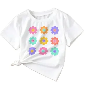 Hot Happy Daisy Short Sleeve Spring Summer Tops Floral Print Round Neck Tee Kids Cute Girl Cotton T Shirts