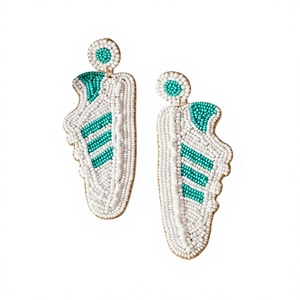 Beaded Sneaker <b>Earrings</b> White Teal Bohemia Style Statement Jewelry for Women <b>Stud</b> <b>Earrings</b> Handmade Seed Beads Dangle Design - Product Image 1