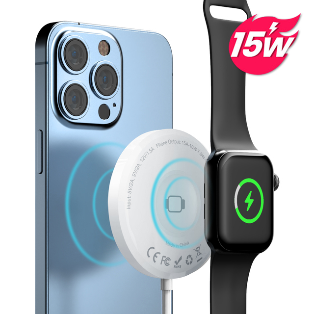 Small 15W Fast Charging Three-In-One Wireless Magnetic Charger with 9V/2A Type-C Input for Earphone Mobile Phones FOD Function