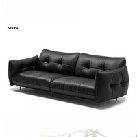 Canapé minimaliste vintage noir en cuir véritable trois places, canapé de luxe pour salon horizontal français