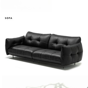 Sofá minimalista vintage negro de cuero genuino de tres plazas, sofá de lujo para sala de estar horizontal francesa - Product Image 4