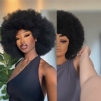 Perruque Afro Bouclée Années 70 avec Frange, Double Trame Faite à la Machine, Cheveux Synthétiques Noirs Chinois pour Femmes, Sans Colle, Grande, Volumineuse, Douce et d'Aspect Naturel