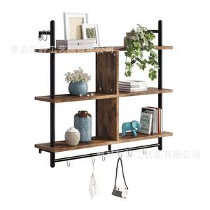 Wooden And Wrought Iron Wall <b>Shelf</b> 3 Tier With <b>Hooks</b> For Kitchen Storage And Display - Product Image 3