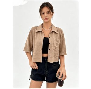 Frühling Sommer Damen Revers Crop Kurzarm-Hemd Modische Lässige Einfarbige Knopf-Taschen Midi-Länge Bluse - Product Image 5