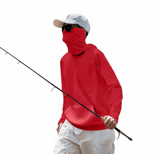 Men Solid <b>Red</b> <b>Long</b> <b>Sleeve</b> Hooded Pullover UPF 50 Anti UV Fishing Shirt Lightweight Polyester <b>Top</b> for Adults - Product Image 5