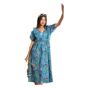 Vestido Azul con Estampado Floral y Mangas Abullonadas para Mujer, con Escote en V, Detalle de Volantes y Silueta Evase para un Look Casual y Elegante - Product Image 1