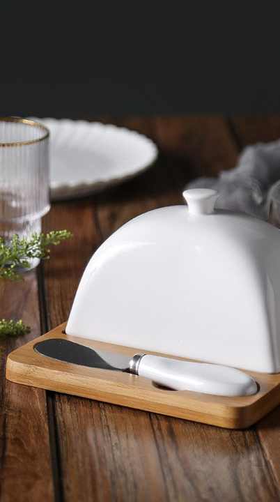 creative butter plate set bamboo plate with ceramic cover butter