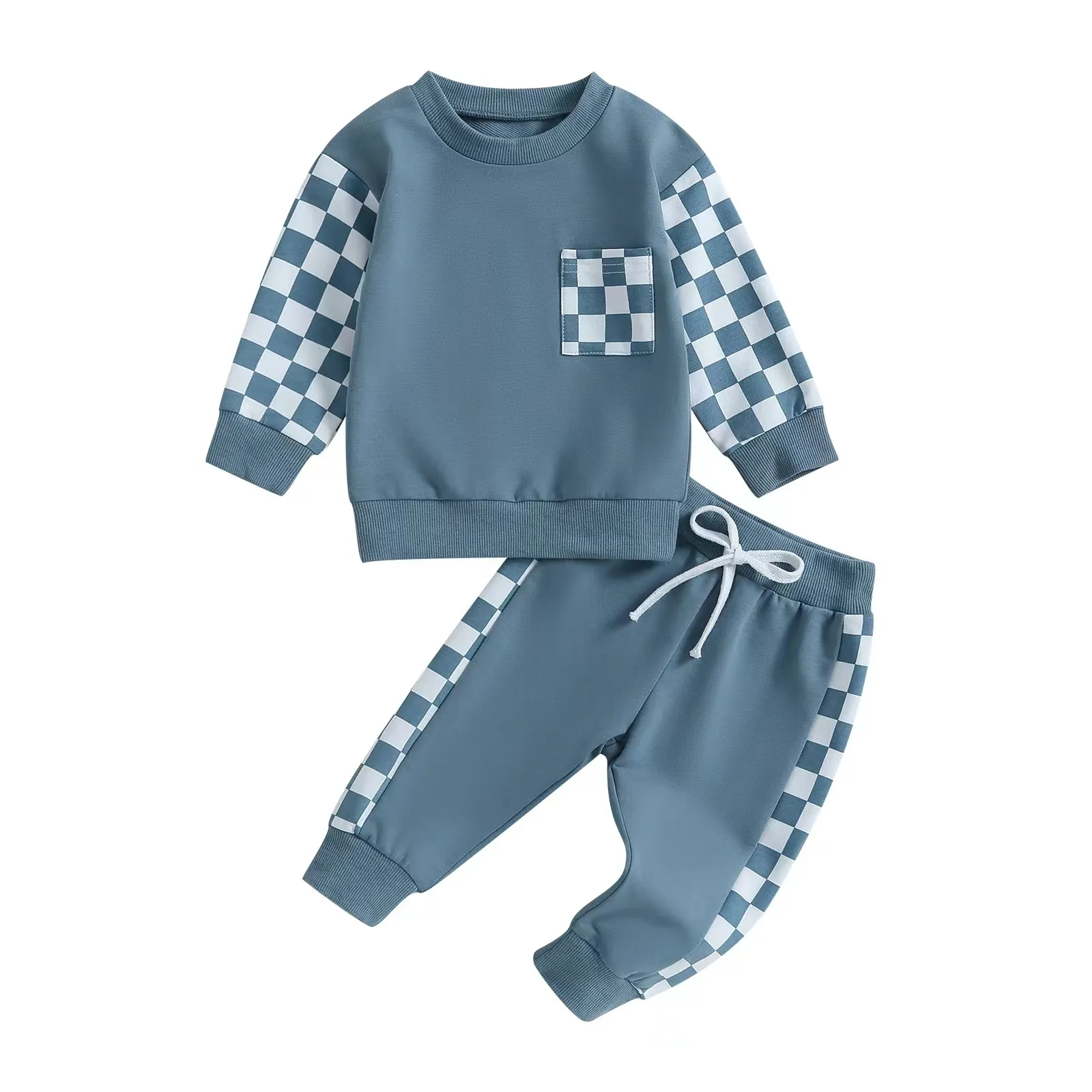 Schlussverkauf Frühjahr Junge kariert Stil Farbblock Sweatshirt-Sets 2-teiliges Set Kindermode-Sets