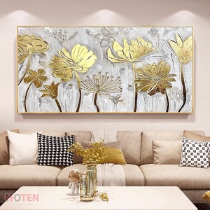 Peinture à l'huile moderne <span class=keywords><strong>de</strong></span> <span class=keywords><strong>lotus</strong></span> doré peinte à la main par un artiste expert, sur toile <span class=keywords><strong>de</strong></span> haute qualité, avec bordure dorée, motif floral paysager <span class=keywords><strong>de</strong></span> nénuphar - Product Image 1