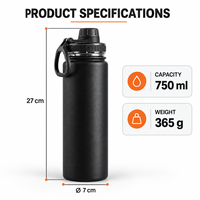 Bouteille d'eau en acier inoxydable 304 isolée sous vide avec couvercle Tritan 750 ml, poignée, sans BPA, anti-fuite, isolation thermique 12-24 heures