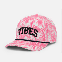 Gorra de béisbol OEM con diseño de 5 paneles en forma de A, logotipo bordado en 3D personalizado, sombrero con cuerda, estampado floral tropical rosa, bordado 3D en relieve