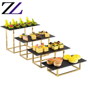 Plateau de service pour buffet de mariage en ardoise noire marbrée, plateau à dessert, plateau à cupcakes en acier inoxydable doré, présentoir à nourriture à 4 étages - Product Image 2