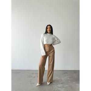 Pantalon palazzo en cuir taille haute pour femme, respirant, taille élastique - Beige, manches longues, tailles XS et XL disponibles - Product Image 2