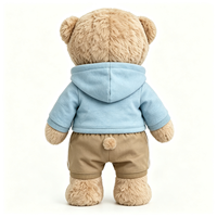 Ours en peluche doux avec sweat à capuche bleu clair et pantalon kaki, jouet en peluche personnalisé avec logo pour enfants, cadeau ours en peluche
