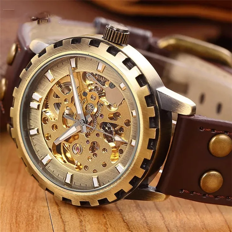 SHENHUA 17 brand watches men mechanical skeleton wrist watches fashion casual automatic wind watch gold leather band